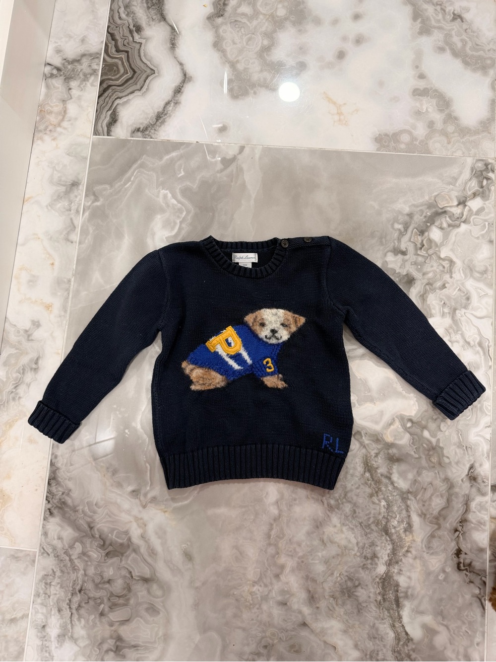 Ralph Lauren Kids Navy Puppy Intarsia Sweater with Yellow & Blue Accents